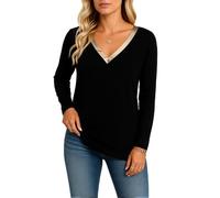 Women's Red Long Sleeve V Neck Top with Gold Trim Stylish Casual Loose Fit Tunic Blouse Soft Knit Shirt for Fall Winter Layering Daily Wear