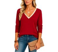 Women's Red Long Sleeve V Neck Top with Gold Trim Stylish Casual Loose Fit Tunic Blouse Soft Knit Shirt for Fall Winter Layering Daily Wear
