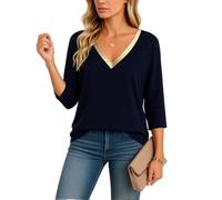 Women's Red Long Sleeve V Neck Top with Gold Trim Stylish Casual Loose Fit Tunic Blouse Soft Knit Shirt for Fall Winter Layering Daily Wear