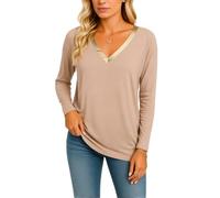 Women's Red Long Sleeve V Neck Top with Gold Trim Stylish Casual Loose Fit Tunic Blouse Soft Knit Shirt for Fall Winter Layering Daily Wear