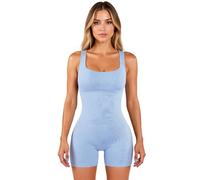 Women's Ribbed Knit Bodysuit Sleeveless Square Neck Bodycon Jumpsuit Casual Gym Wear Grey Romper for Summer Party Club Night out Fitted One Piece