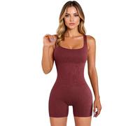 Women's Ribbed Knit Bodysuit Sleeveless Square Neck Bodycon Jumpsuit Casual Gym Wear Grey Romper for Summer Party Club Night out Fitted One Piece