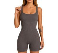 Women's Ribbed Knit Bodysuit Sleeveless Square Neck Bodycon Jumpsuit Casual Gym Wear Grey Romper for Summer Party Club Night out Fitted One Piece
