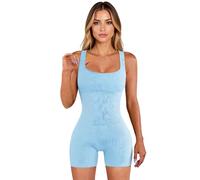 Women's Ribbed Knit Bodysuit Sleeveless Square Neck Bodycon Jumpsuit Casual Gym Wear Grey Romper for Summer Party Club Night out Fitted One Piece