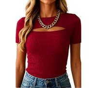 Women's Ribbed Knit Cutout Top Short Sleeve High Neck Slim Fit T Shirt Summer Casual Bodycon Blouse for Party Club Wear Daily Outfit Fashion