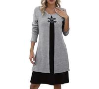 Women's Ribbed Knit Long Sleeve Flared Dress, Two-Tone Contrast Color Double-Layer Knit Slim-Fit Dress, Double Buckle (Gray,XXL)