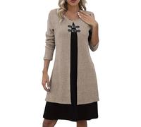 Women's Ribbed Knit Long Sleeve Flared Dress, Two-Tone Contrast Color Double-Layer Knit Slim-Fit Dress, Double Buckle (Khaki,M)