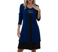 Women's Ribbed Knit Long Sleeve Flared Dress, Two-Tone Contrast Color Double-Layer Knit Slim-Fit Dress, Double Buckle (Blue,L)