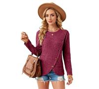 Women's Ribbed Knit Long Sleeve Sweater with Asymmetrical Button Detail Round Neck Casual Fall Winter Pullover Top Wine Red Chic Fashion Style