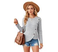 Women's Ribbed Knit Long Sleeve Sweater with Asymmetrical Button Detail Round Neck Casual Fall Winter Pullover Top Wine Red Chic Fashion Style