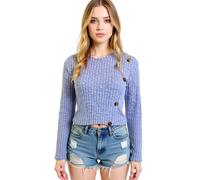 Women's Ribbed Knit Long Sleeve Sweater with Asymmetrical Button Detail Round Neck Casual Fall Winter Pullover Top Wine Red Chic Fashion Style