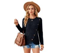 Women's Ribbed Knit Long Sleeve Sweater with Asymmetrical Button Detail Round Neck Casual Fall Winter Pullover Top Wine Red Chic Fashion Style