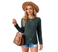 Women's Ribbed Knit Long Sleeve Sweater with Asymmetrical Button Detail Round Neck Casual Fall Winter Pullover Top Wine Red Chic Fashion Style