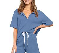 Women's Ribbed Knit Romper Short Sleeve Polo Collar Lounge Set with Drawstring Waist Casual Summer Playsuit Green Loungewear for Vacation Beach