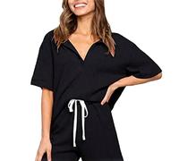 Women's Ribbed Knit Romper Short Sleeve Polo Collar Lounge Set with Drawstring Waist Casual Summer Playsuit Green Loungewear for Vacation Beach