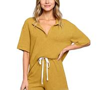 Women's Ribbed Knit Romper Short Sleeve Polo Collar Lounge Set with Drawstring Waist Casual Summer Playsuit Green Loungewear for Vacation Beach