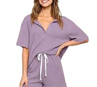 Women's Ribbed Knit Romper Short Sleeve Polo Collar Lounge Set with Drawstring Waist Casual Summer Playsuit Green Loungewear for Vacation Beach