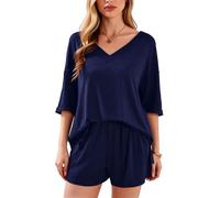 Women's Ribbed Knit Two Piece Lounge Set V Neck Short Sleeve Top and Shorts Pajama Set Casual Loose Fit Sleepwear Outfit Summer Vacation Rust