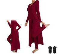 Women's Ribbed Knit Two Piece Set,Casual Round Neck Soft Comfort Fit Long Sleeve Slit Top and High Waist Pants Lounge Outfit (Red, L)