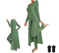 Women's Ribbed Knit Two Piece Set,Casual Round Neck Soft Comfort Fit Long Sleeve Slit Top and High Waist Pants Lounge Outfit (Green, S)