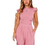 Women's Ribbed Knit Two Piece Set Ruffle Sleeve Top and Wide Leg Pants Summer Casual Lounge Wear Matching Outfit Solid Color Vacation Jumpsuit