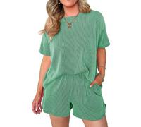 Women's Ribbed Knit Two Piece Set Short Sleeve Crew Neck Top and Elastic Waist Shorts Lounge Wear Casual Summer Outfit Beige Matching Set for Travel