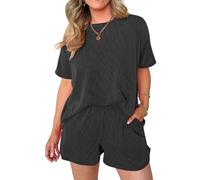 Women's Ribbed Knit Two Piece Set Short Sleeve Crew Neck Top and Elastic Waist Shorts Lounge Wear Casual Summer Outfit Beige Matching Set for Travel