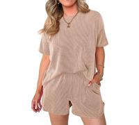 Women's Ribbed Knit Two Piece Set Short Sleeve Crew Neck Top and Elastic Waist Shorts Lounge Wear Casual Summer Outfit Beige Matching Set for Travel