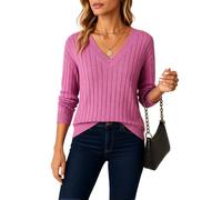 Women's Ribbed Knit V Neck Sweater Long Sleeve Casual Solid Color Pullover Tops Fall Winter Soft Stretchy Basic Blouse for Daily Wear Style
