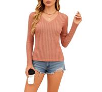 Women's Ribbed V Neck Long Sleeve T Shirt Slim Fit Casual Basic Top Soft Stretchy Thermal Base Layer White Blouse for Fall Winter Daily Wear