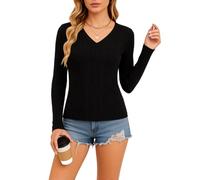 Women's Ribbed V Neck Long Sleeve T Shirt Slim Fit Casual Basic Top Soft Stretchy Thermal Base Layer White Blouse for Fall Winter Daily Wear
