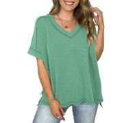 Women's Ribbed V-Neck T-Shirt Batwing Short Sleeve Loose Fit Side Slit Casual Top Summer Fall Fashion tee Black Lightweight Knit