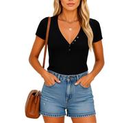 Women's Ribbed V Neck T Shirt Short Sleeve Button Down Top Slim Fit Casual Summer Basic Blouse Olive Green Trendy TikTok Fashion tee for Daily Wear