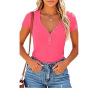 Women's Ribbed V Neck T Shirt Short Sleeve Button Down Top Slim Fit Casual Summer Basic Blouse Olive Green Trendy TikTok Fashion tee for Daily Wear