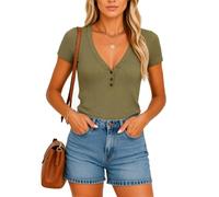 Women's Ribbed V Neck T Shirt Short Sleeve Button Down Top Slim Fit Casual Summer Basic Blouse Olive Green Trendy TikTok Fashion tee for Daily Wear
