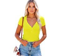 Women's Ribbed V Neck T Shirt Short Sleeve Button Down Top Slim Fit Casual Summer Basic Blouse Olive Green Trendy TikTok Fashion tee for Daily Wear