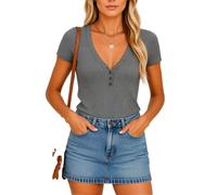 Women's Ribbed V Neck T Shirt Short Sleeve Button Down Top Slim Fit Casual Summer Basic Blouse Olive Green Trendy TikTok Fashion tee for Daily Wear