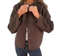Women's Round Collar Turned Fur Long Sleeve Jacket, 2025 New Casual Open Front Crop Jacket for Women One Button Pea Coat (Brown,XXL)