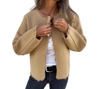 Women's Round Collar Turned Fur Long Sleeve Jacket, 2025 New Casual Open Front Crop Jacket for Women One Button Pea Coat (Khaki,S)
