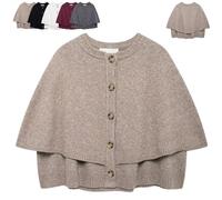Women's Round Neck Cropped Knit Cape Cardigan, Button Up Shawl Sweater Coat Casual Old Money Aesthetic (Khaki,L)