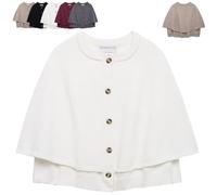 Women's Round Neck Cropped Knit Cape Cardigan, Button Up Shawl Sweater Coat Casual Old Money Aesthetic (White,S)