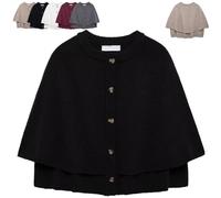 Women's Round Neck Cropped Knit Cape Cardigan, Button Up Shawl Sweater Coat Casual Old Money Aesthetic (Black,S)
