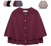 Women's Round Neck Cropped Knit Cape Cardigan, Button Up Shawl Sweater Coat Casual Old Money Aesthetic (Wine Red,S)
