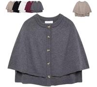 Women's Round Neck Cropped Knit Cape Cardigan, Button Up Shawl Sweater Coat Casual Old Money Aesthetic (Gray,M)
