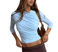 Womens Ruched Top Three Quarter Sleeve Fitted Crew Neck Going out Shirt (Blue,L)