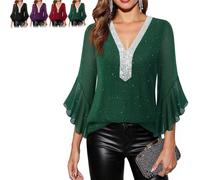 Women's Ruffle 3/4 Sleeve Sparkly Tops Sequin V Neck Blouses Dressy Fall Shirts Layers Mesh Tunic Blouse 2026 New (Green,XXL)