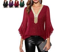 Women's Ruffle 3/4 Sleeve Sparkly Tops Sequin V Neck Blouses Dressy Fall Shirts Layers Mesh Tunic Blouse 2026 New (Bright Red,S)