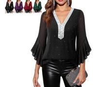 Women's Ruffle 3/4 Sleeve Sparkly Tops Sequin V Neck Blouses Dressy Fall Shirts Layers Mesh Tunic Blouse 2026 New (Black,S)