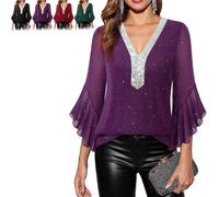 Women's Ruffle 3/4 Sleeve Sparkly Tops Sequin V Neck Blouses Dressy Fall Shirts Layers Mesh Tunic Blouse 2026 New (Purple,M)