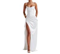 Women's Ruffles Satin Prom Dress, Club Night Sexy Dress Casual Slit Cocktail, Off-The-Shoulder Spaghetti Strap Long Party Evening Dresses, Solid Color Sleeveless (White,M)